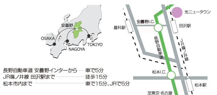 東京方面からJRで:新宿から松本まで JR中央東線最速で 2時間30分/関西方面からJRで:名古屋から松本まで JR中央西線最速で 2時間